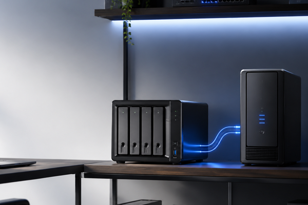 NAS and desktop computer connected to backup power in a home office