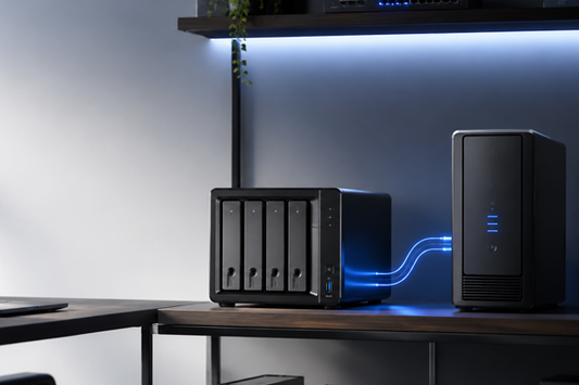 NAS and desktop computer connected to backup power in a home office