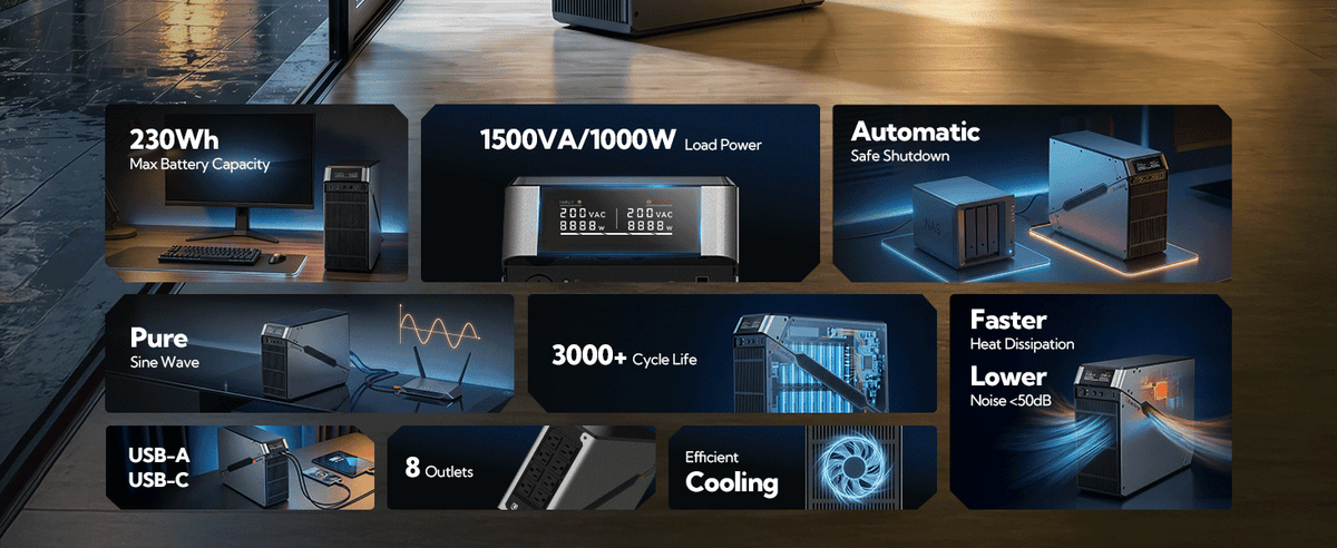 EverAmp 1500VA/1000W LiFePO₄ UPS – Metal Gray