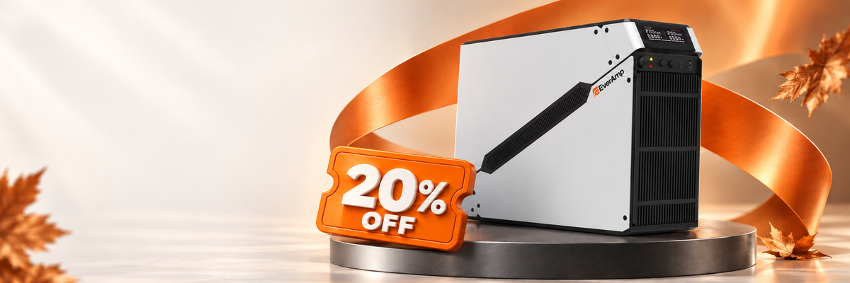 Ceramic White EverAmp UPS with an orange ribbon and 20% OFF coupon on a metal podium