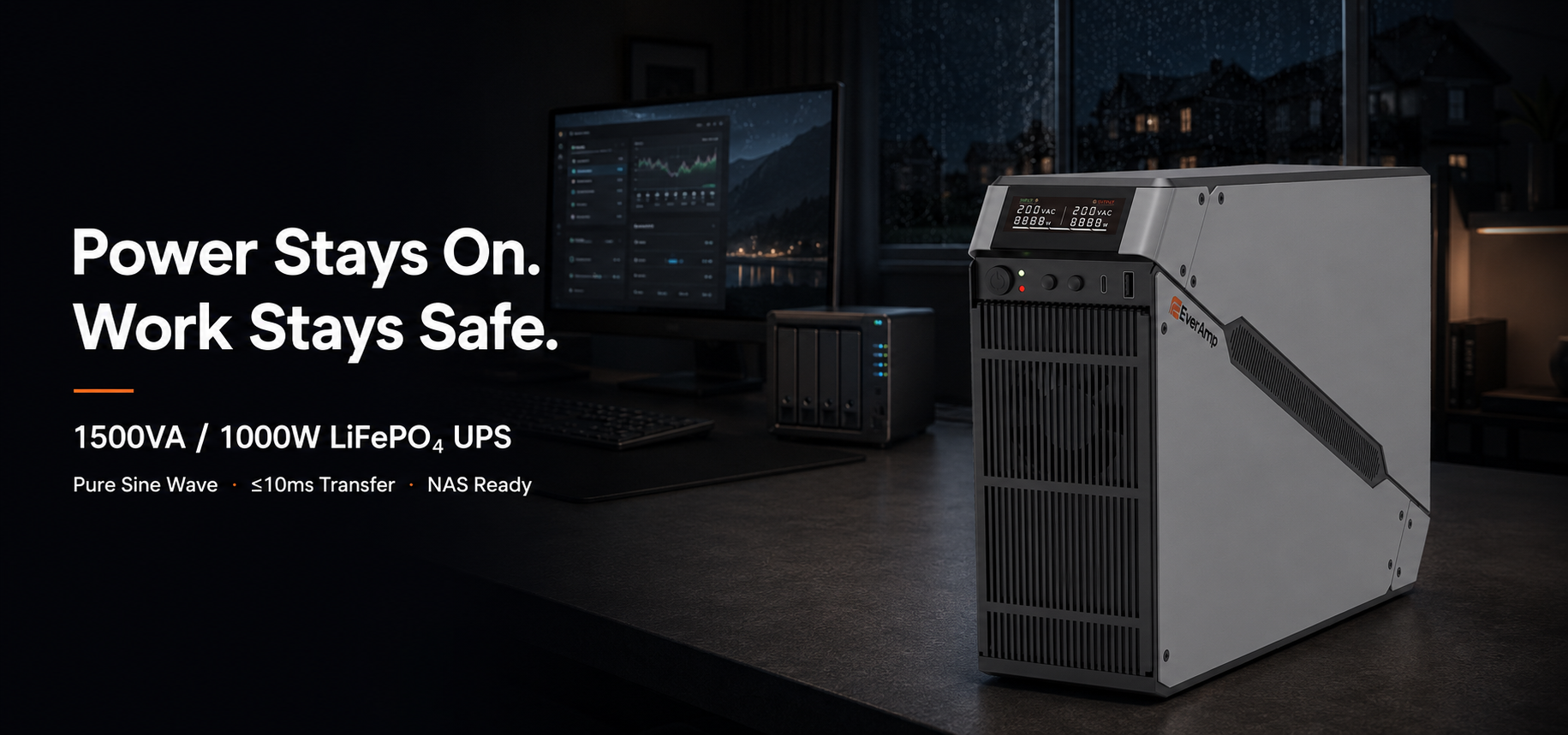 EVERAMP 1500VA/1000W LiFePO₄ UPS – Metal Gray