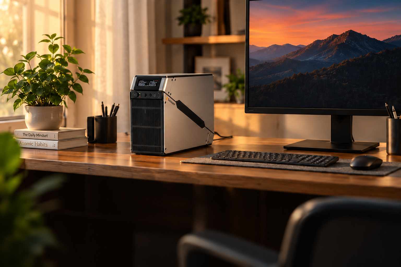 EverAmp UPS on a desk in a sunlit home office